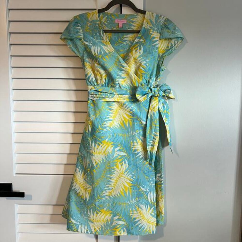 Lilly Pulitzer - Blue and Yellow Tropical Palm Leaf Wrap‎ Dress - Women’s Size 8